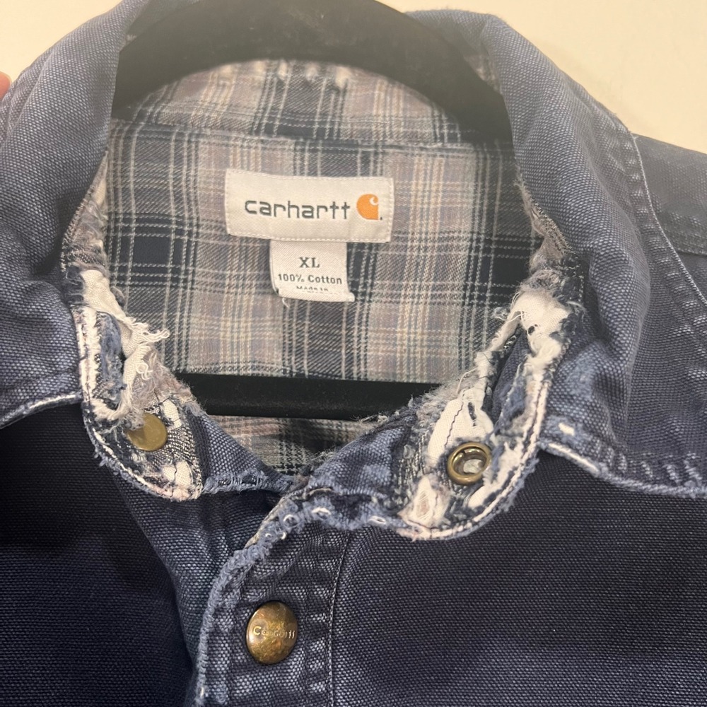 Vintage Carhartt Flannel Lined Work Shirt Jacket Navy Blue XL Distressed - Picture 3 of 13